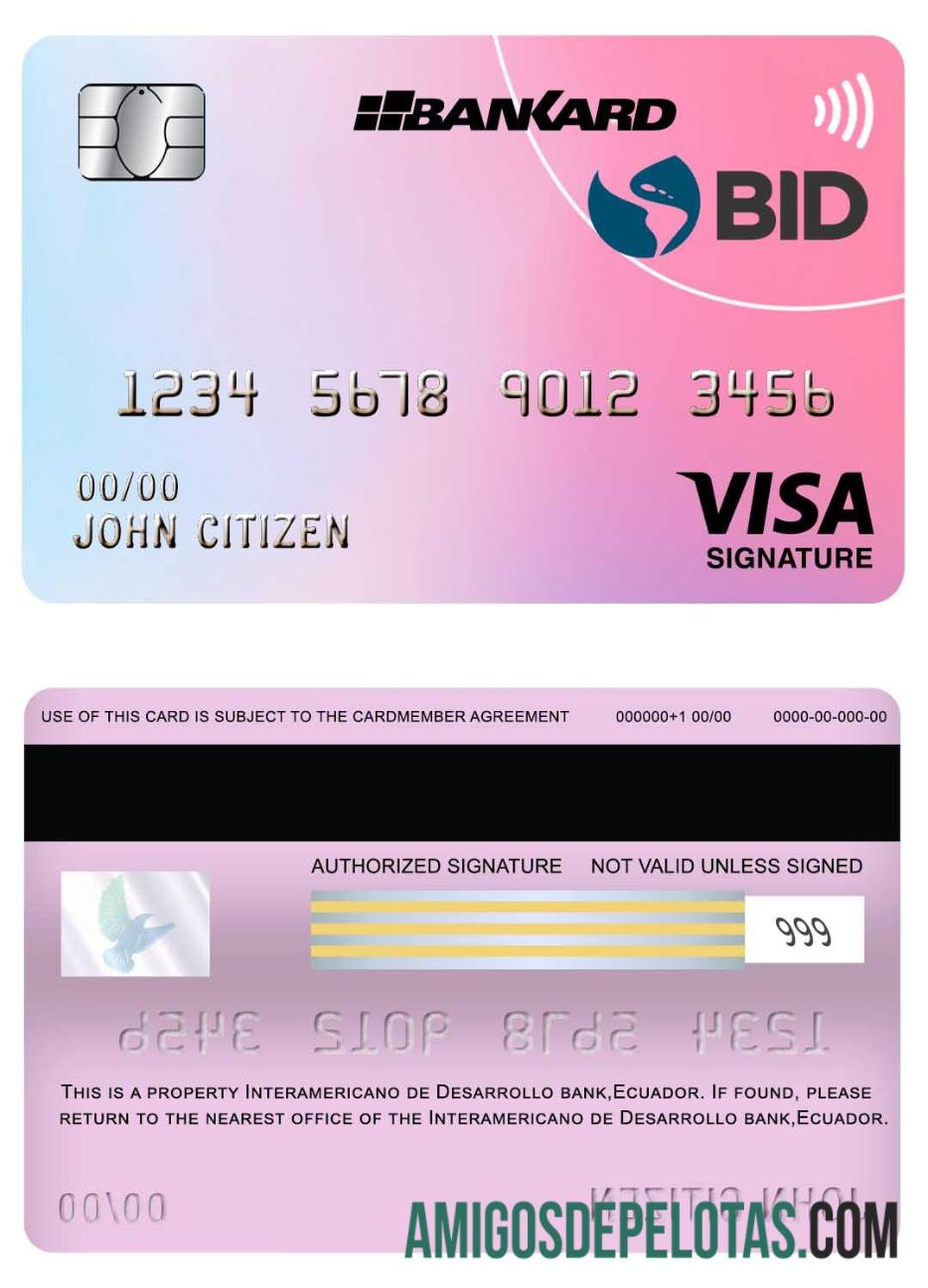 Cartão de assinatura Visa do Banco Interamericano de Desenvolvimento do Equador (BID) amostra